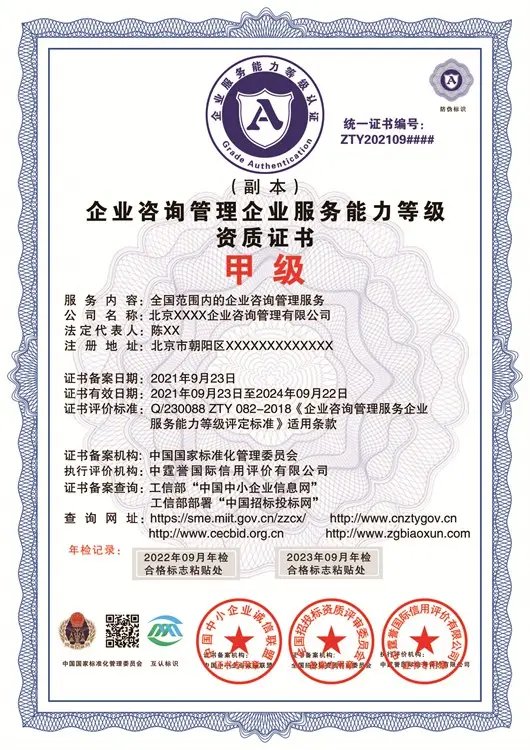 企業(yè)咨詢管理服務(wù)企業(yè)資質(zhì) 一級(jí)證書(shū)